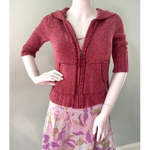 Vintage Y2k Mudd Burgundy Red Knit Zip Up Cropped Short Sleeve Sweater Jacket XS